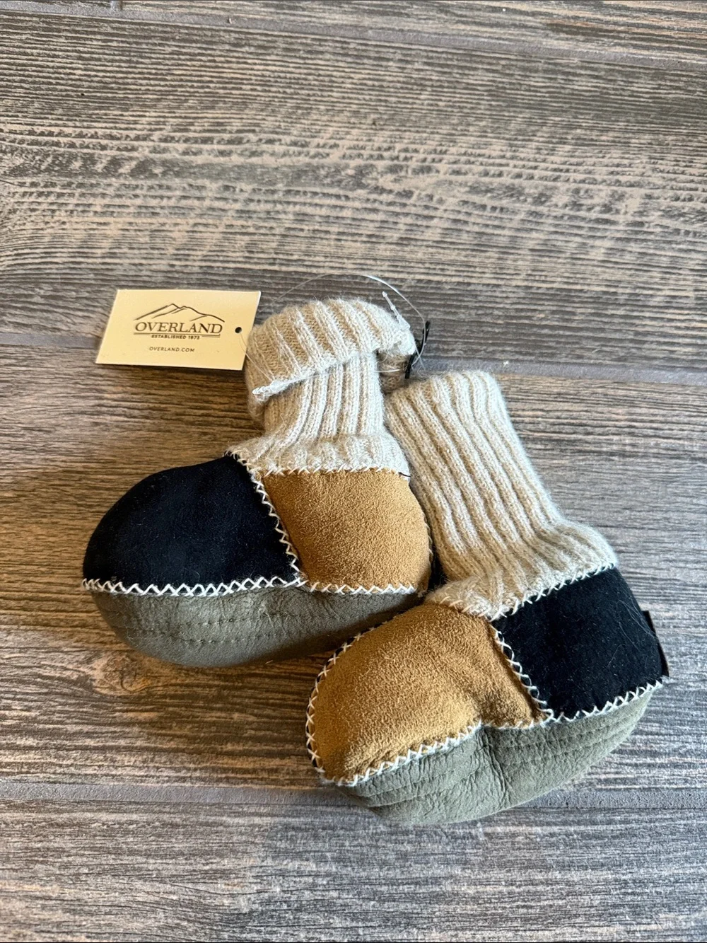 Overland Shearling Patchwork Baby Booties in Black, Tan, Olive, Cream
